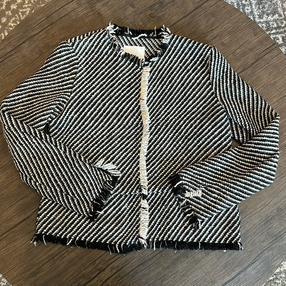 MANGO Black and White Tweed-like jacket/blazer with fringe detail Size Medium